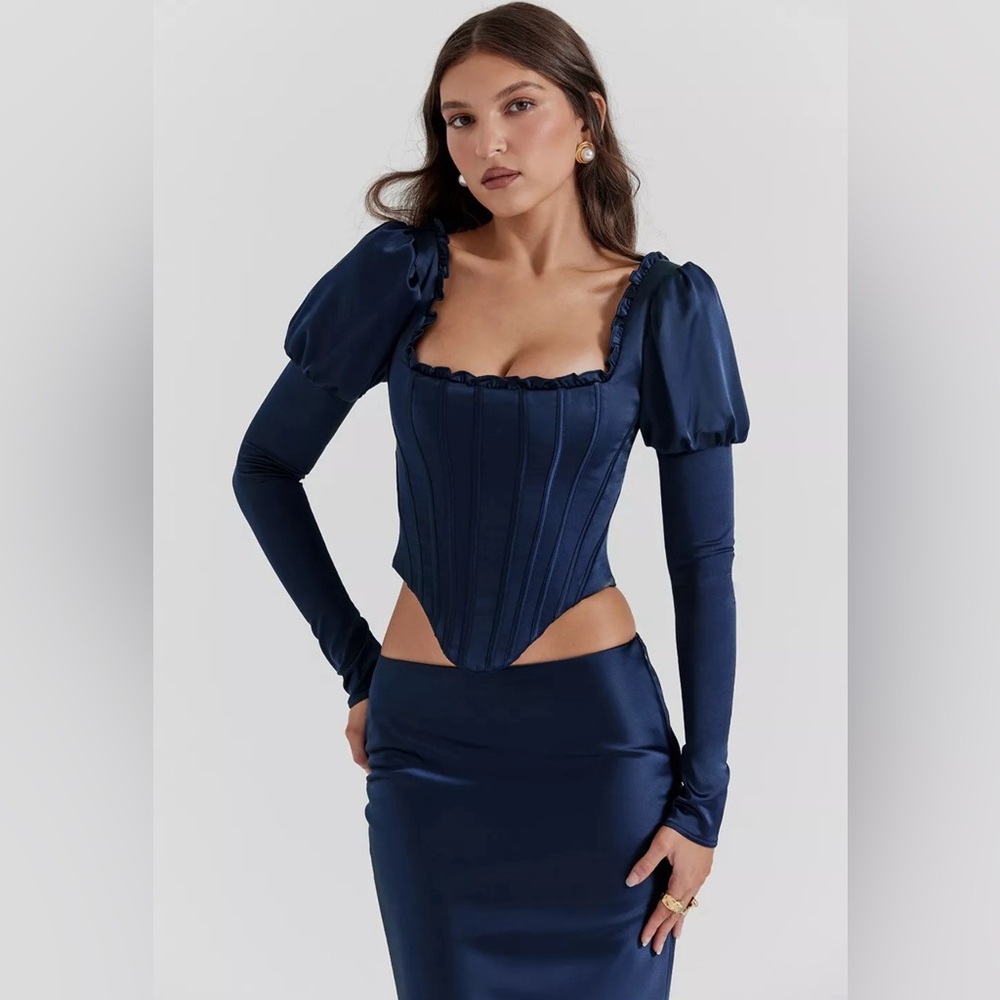 Navy Puff Sleeve Corset/Size S $149 House of CB NWOT